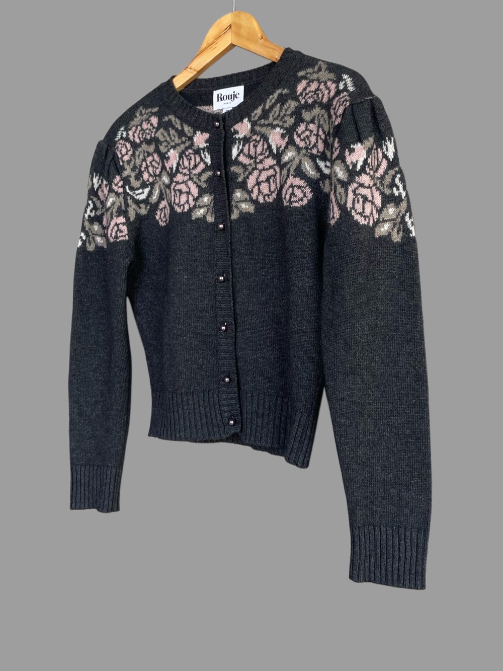 ROUJE Gray & Pink Floral Wool Cashmere Retro Robert Puff Sleeve Cardigan Sweater - Picture 5 of 13